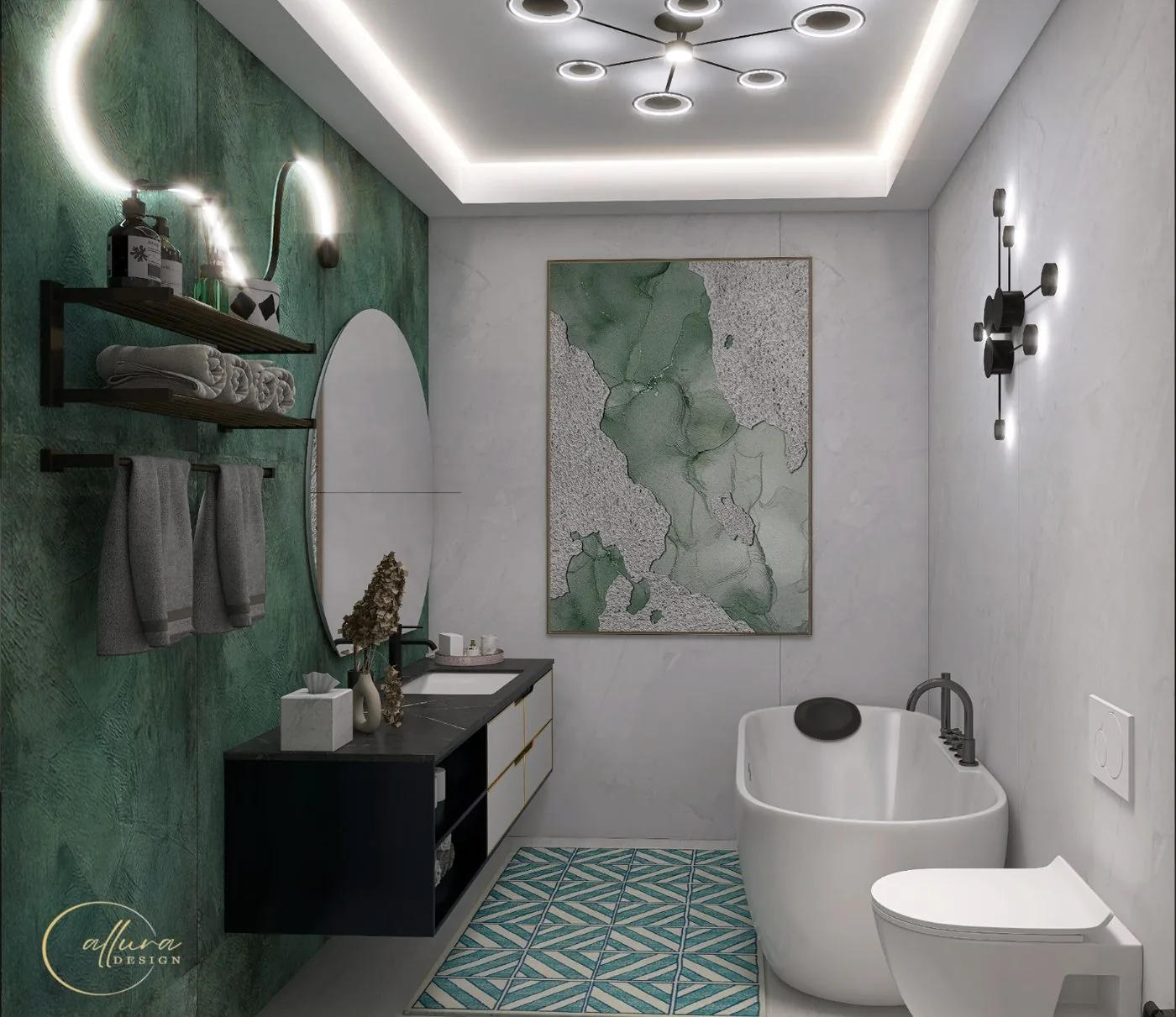 Baie cu perete de accent verde intens și cadă freestanding