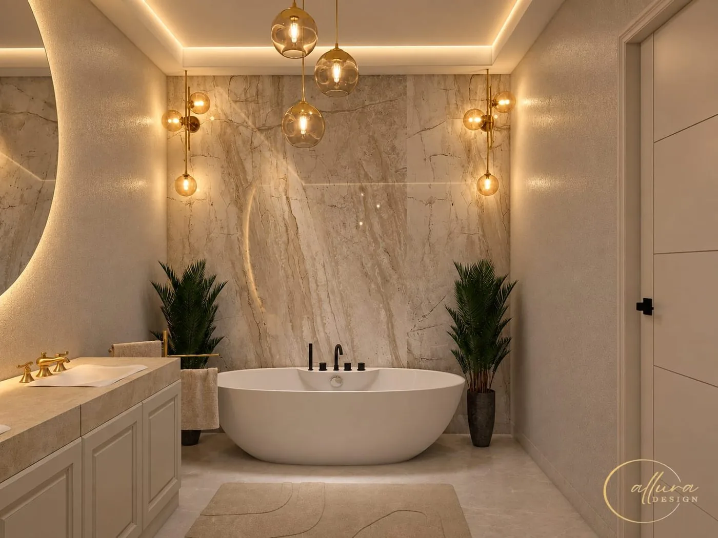 Baie cu cadă freestanding și pendule glob de culoarea chihlimbarului