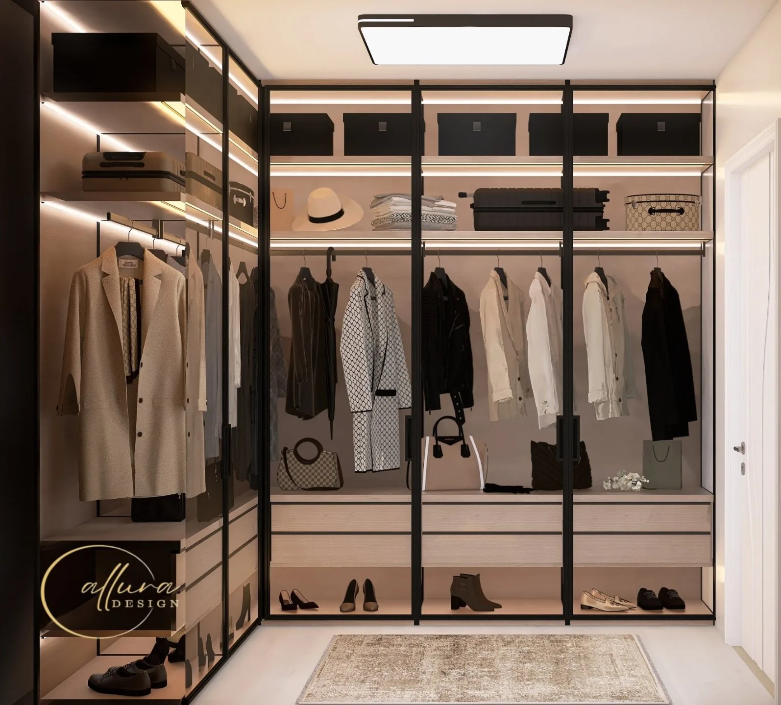 Dressing walk-in cu dulapuri cu uși din sticlă și rafturi iluminate