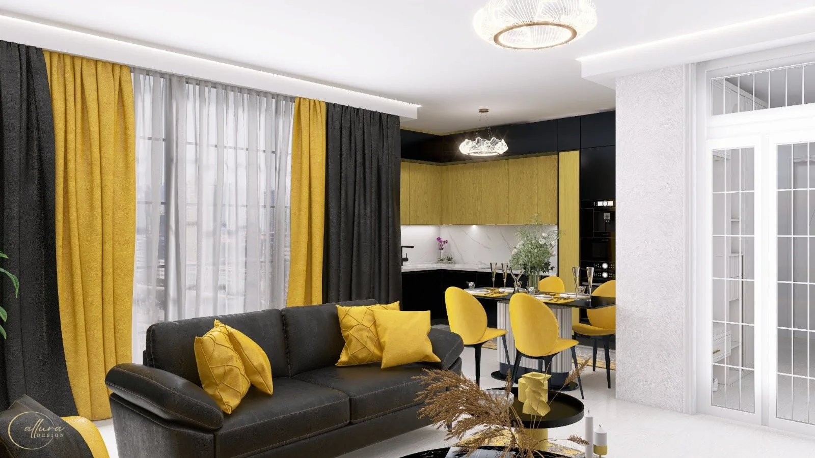 Bucătărie open-space cu fronturi galbene și negre și masă cu scaune galbene, văzută din zona de living