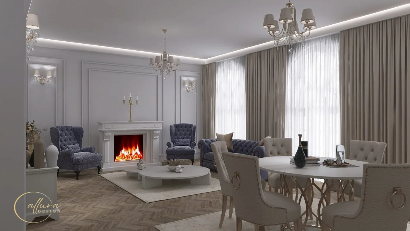 Living și dining în stil clasic, cu pereți cu ancadramente și șemineu