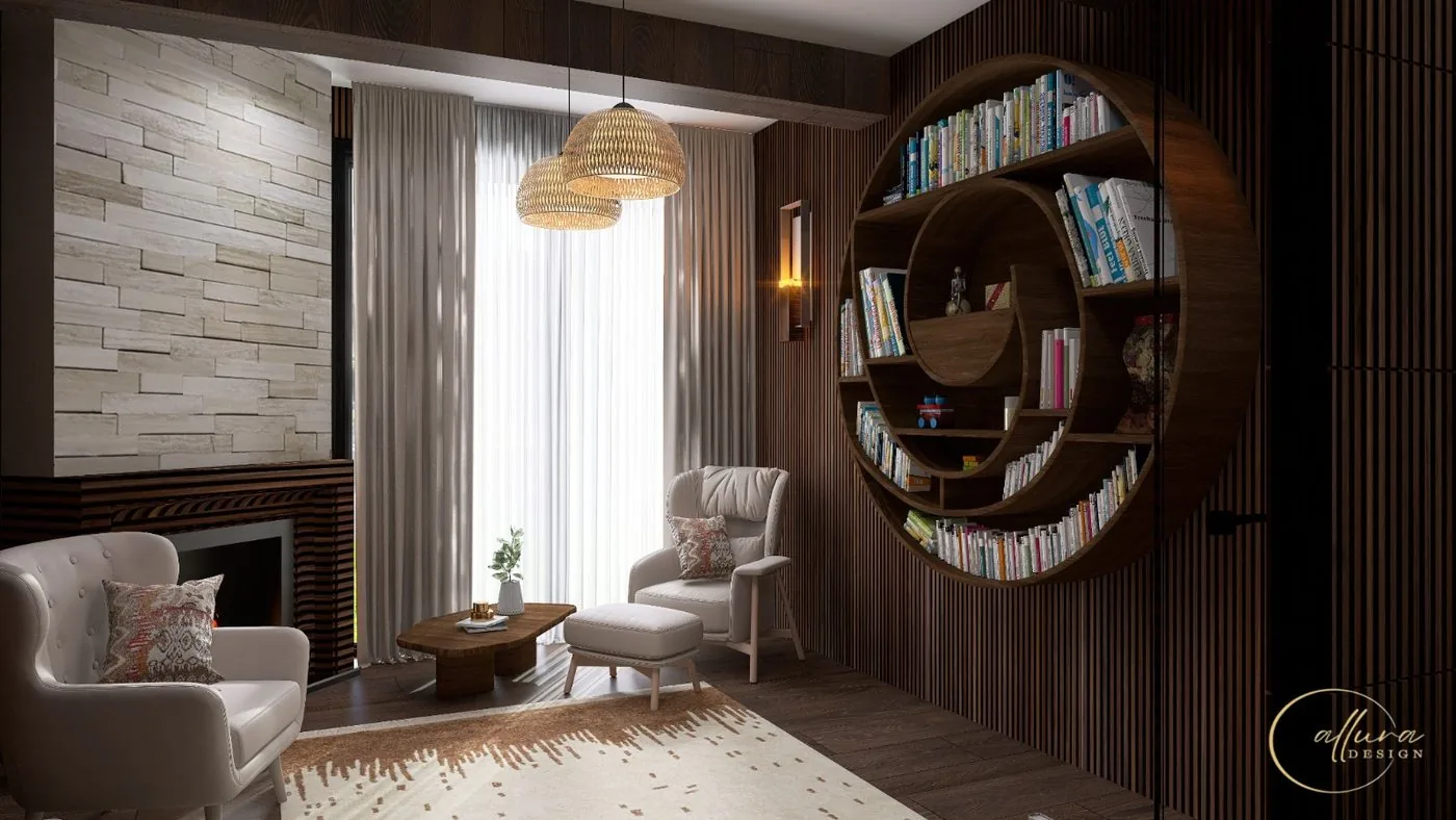 Cameră de lectură cu bibliotecă circulară, fotolii și șemineu
